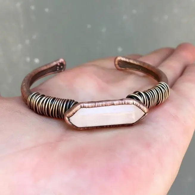 Electroformed Copper Quartz Bracelet: Bronze Wire Wrapped Bangle - BlackbirdSageStudio