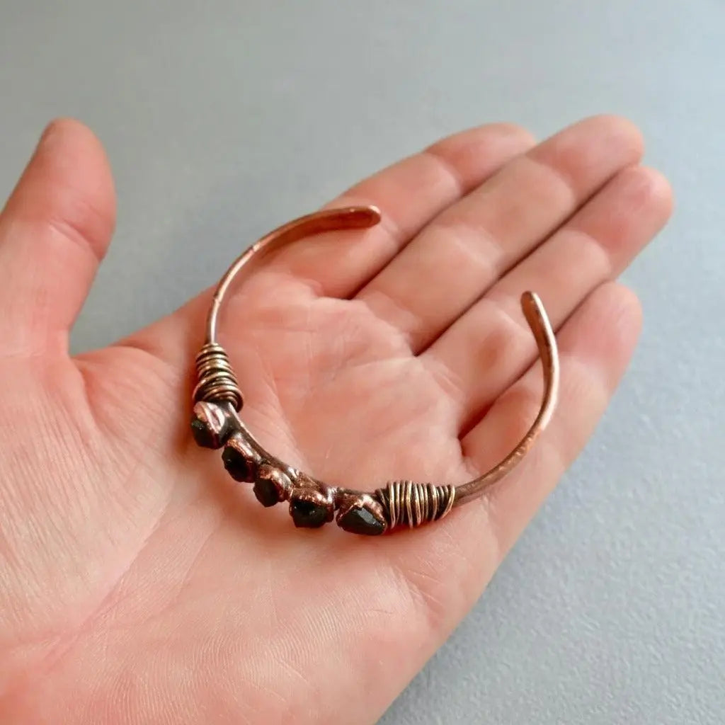 Raw Black Tourmaline Copper Cuff Bracelet: Electroformed Stone Bangle - BlackbirdSageStudio