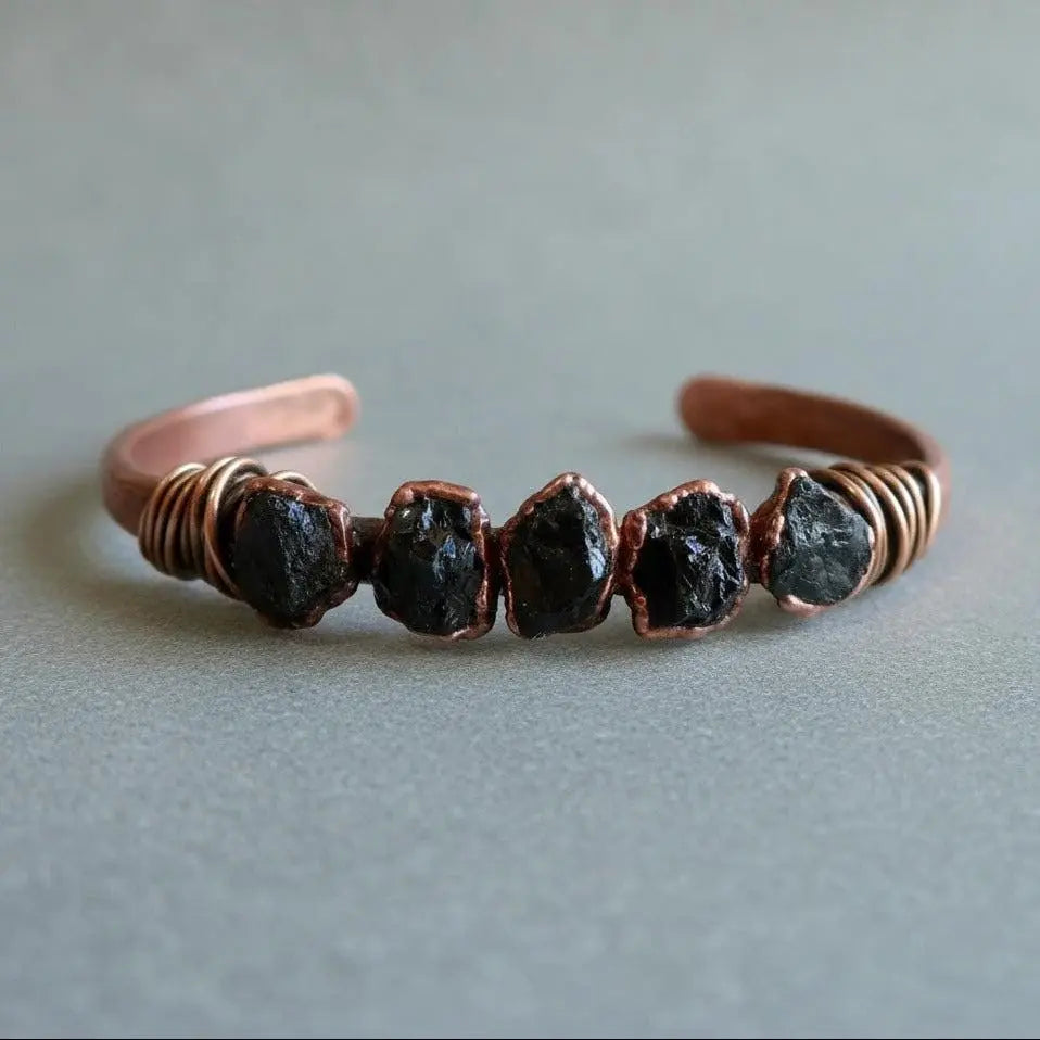 Raw Black Tourmaline Copper Cuff Bracelet: Electroformed Stone Bangle - BlackbirdSageStudio