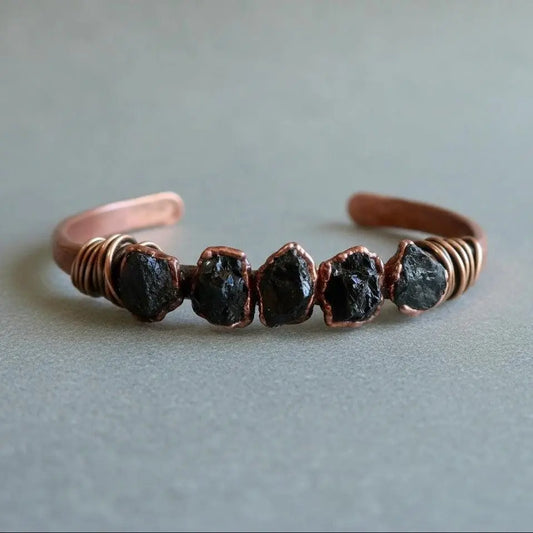 Raw Black Tourmaline Copper Cuff Bracelet: Electroformed Stone Bangle - BlackbirdSageStudio
