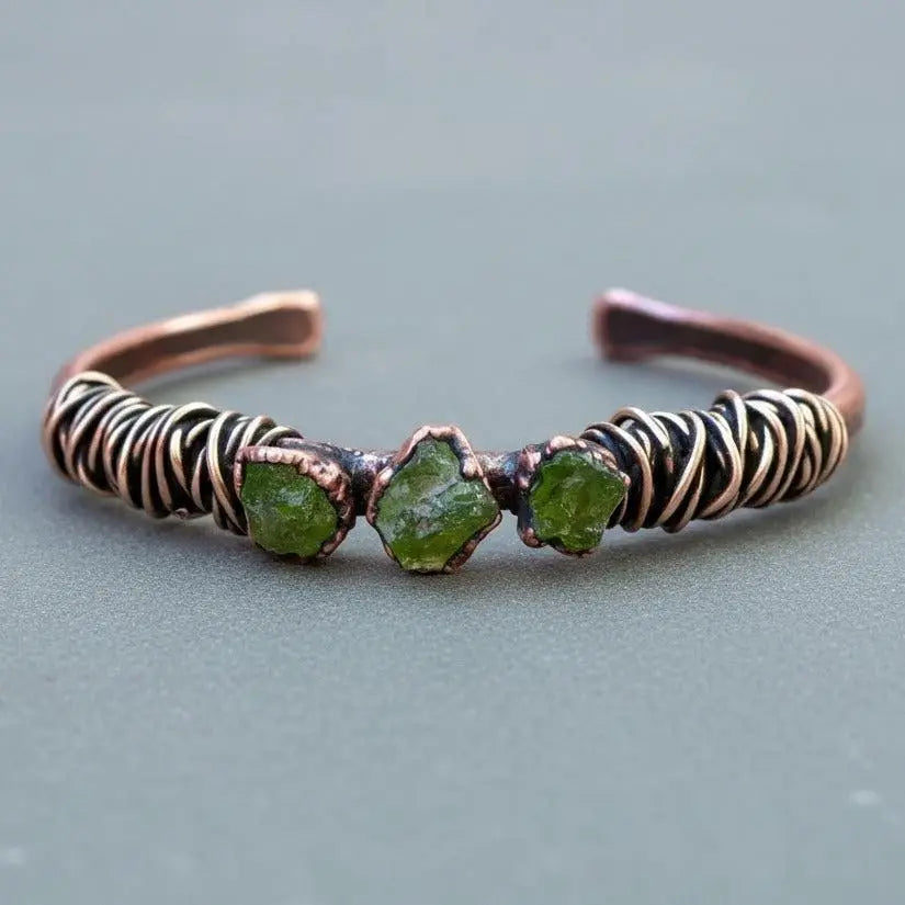 Raw Peridot Copper Cuff Bracelet: Electroformed Bronze Wire Wrapped Bangle - BlackbirdSageStudio