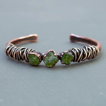Raw Peridot Copper Cuff Bracelet: Electroformed Bronze Wire Wrapped Bangle - BlackbirdSageStudio