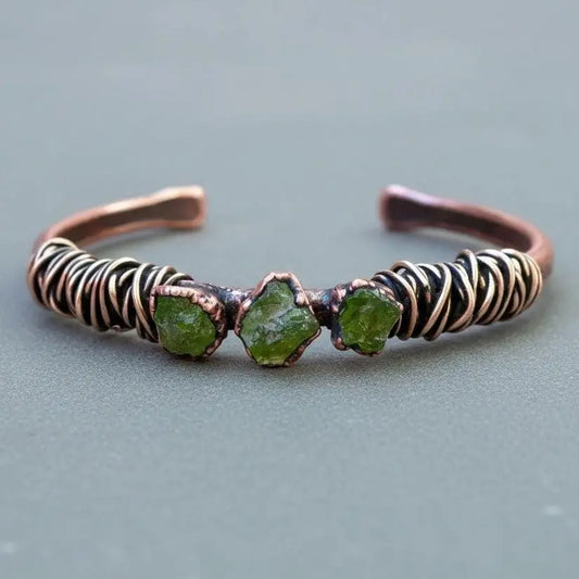 Raw Peridot Copper Cuff Bracelet: Electroformed Bronze Wire Wrapped Bangle - BlackbirdSageStudio