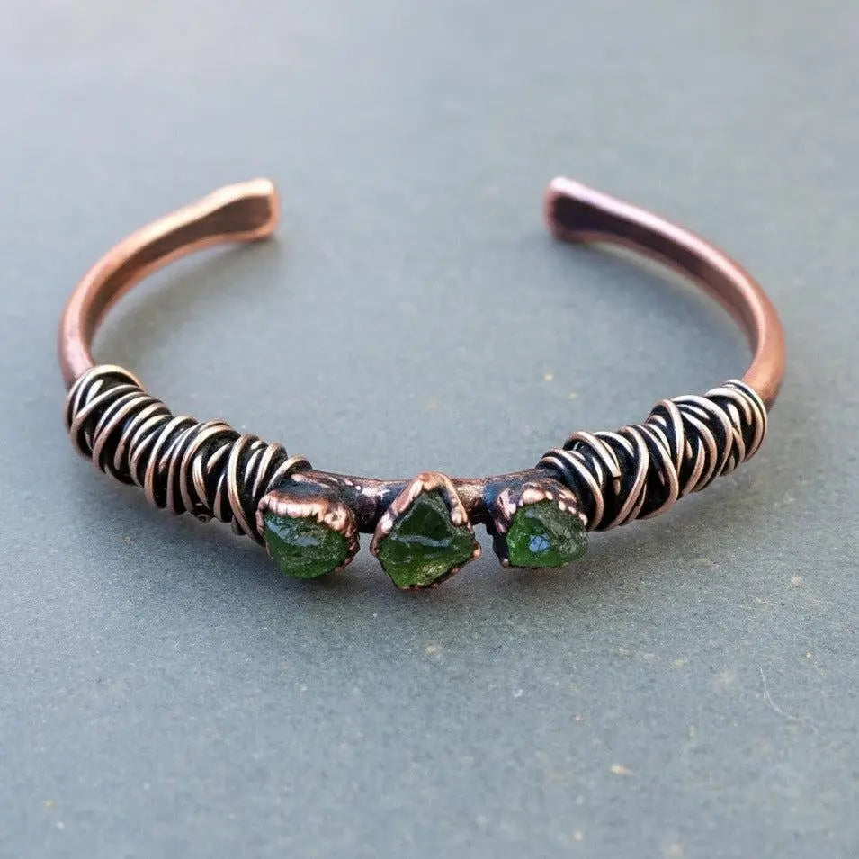 Raw Peridot Copper Cuff Bracelet: Electroformed Bronze Wire Wrapped Bangle - BlackbirdSageStudio