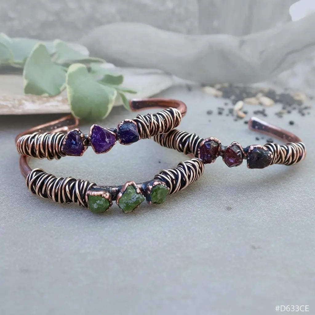 Raw Peridot Copper Cuff Bracelet: Electroformed Bronze Wire Wrapped Bangle - BlackbirdSageStudio