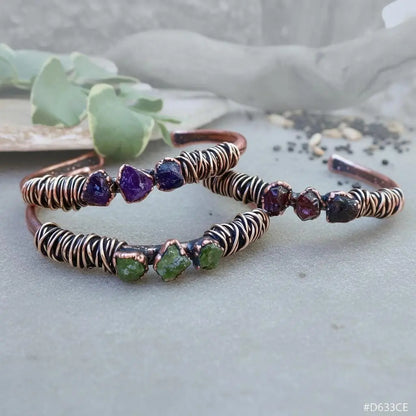 Raw Peridot Copper Cuff Bracelet: Electroformed Bronze Wire Wrapped Bangle - BlackbirdSageStudio