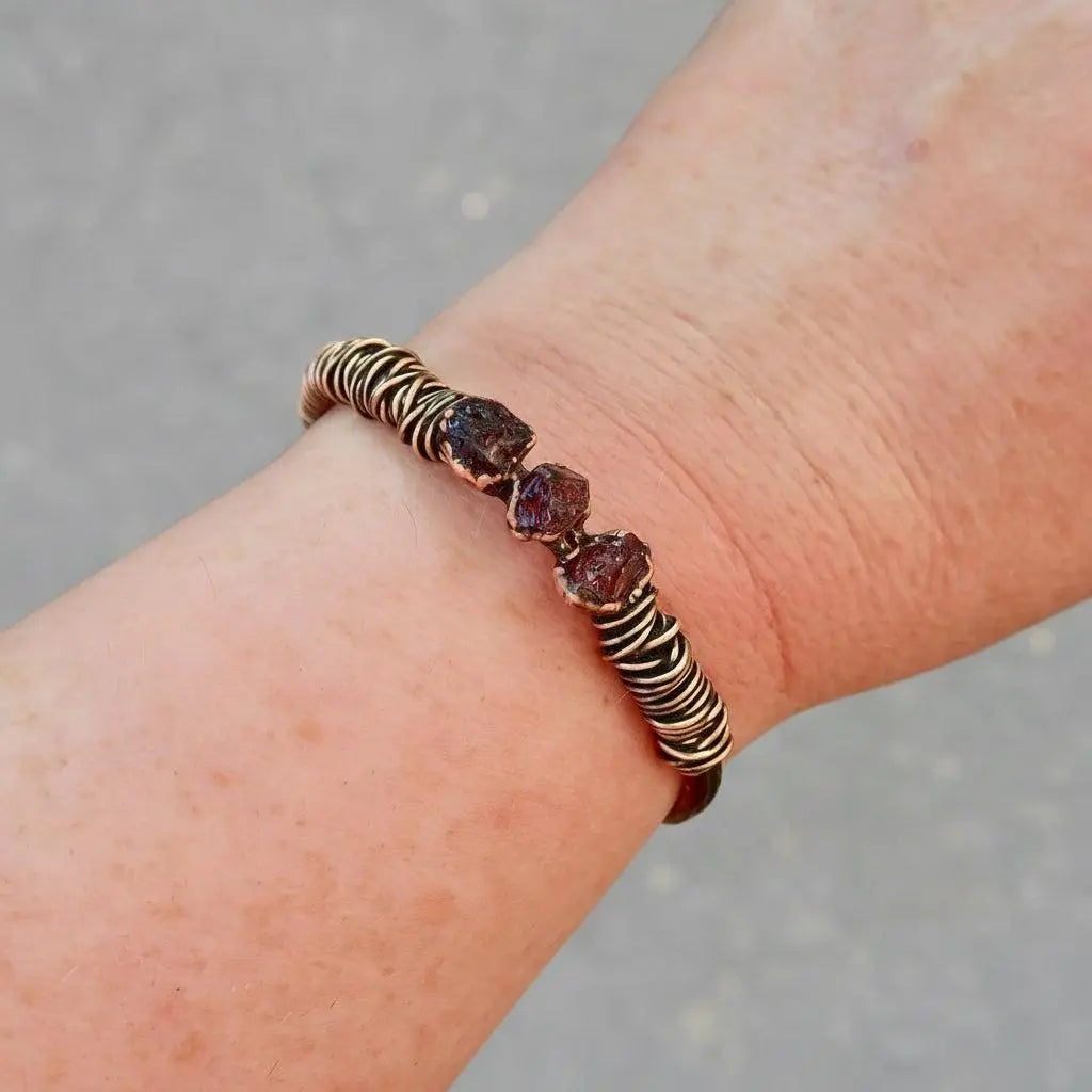 Raw Garnet Copper Cuff Bracelet: Electroformed Bronze Bangle - BlackbirdSageStudio