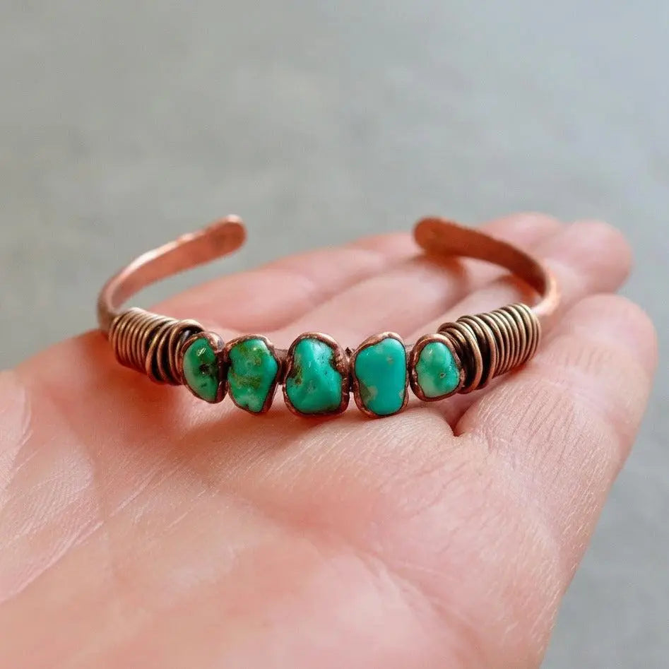 Raw Turquoise Copper Cuff Bracelet: Sonoran Stone, Electroformed Bohemian Bangle - BlackbirdSageStudio