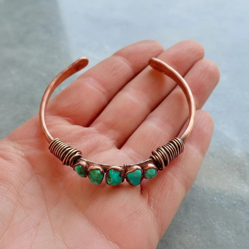 Raw Turquoise Copper Cuff Bracelet: Sonoran Stone, Electroformed Bohemian Bangle - BlackbirdSageStudio