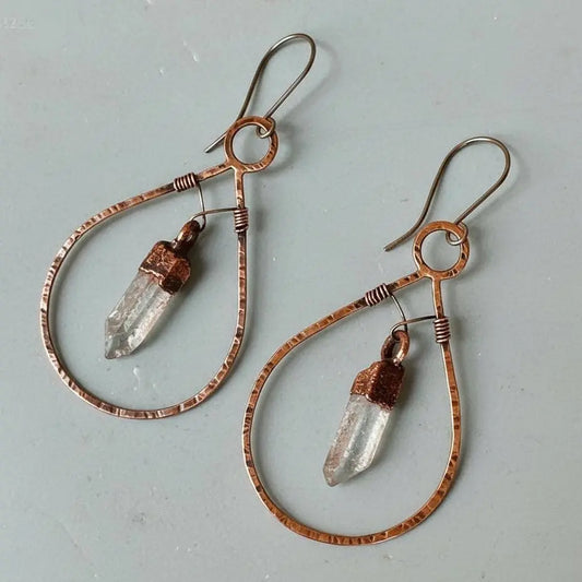 Electroformed Copper Quartz Point Earrings: Hand Hammered Bronze Hoops - BlackbirdSageStudio
