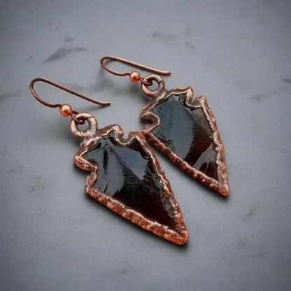 Electroformed Copper Obsidian Arrowhead Earrings: Witchy Boho Jewelry - BlackbirdSageStudio