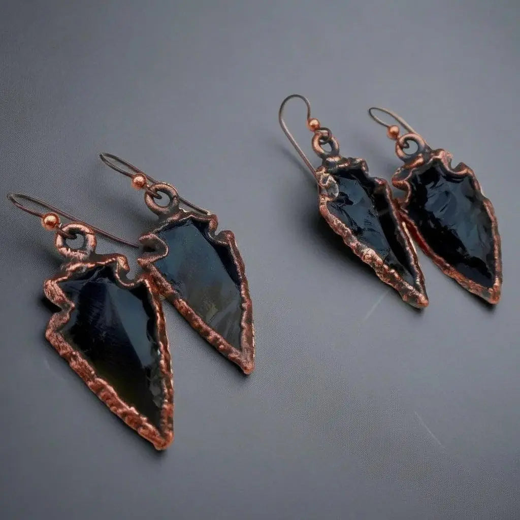 Electroformed Copper Obsidian Arrowhead Earrings: Witchy Boho Jewelry - BlackbirdSageStudio