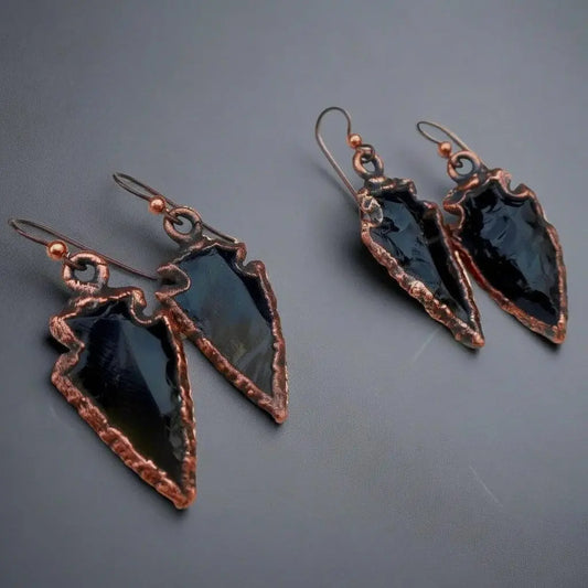 Electroformed Copper Obsidian Arrowhead Earrings: Witchy Boho Jewelry - BlackbirdSageStudio