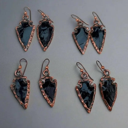 Electroformed Copper Obsidian Arrowhead Earrings: Witchy Boho Jewelry - BlackbirdSageStudio