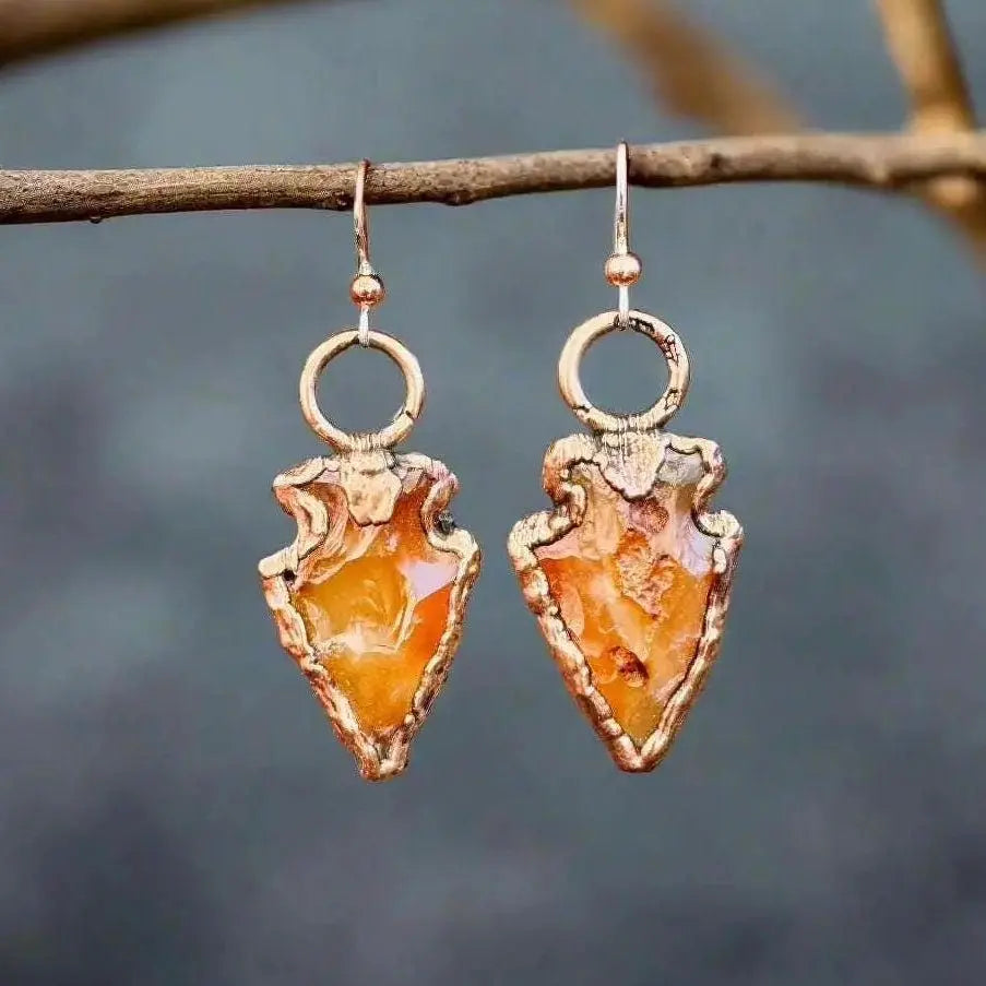 Handmade Carnelian Arrowhead Earrings: Electroformed Copper Boho Jewelry - BlackbirdSageStudio
