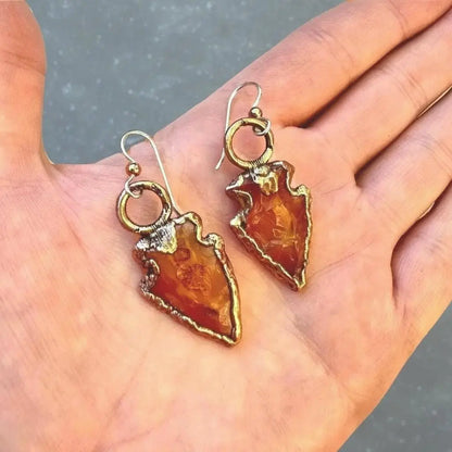 Handmade Carnelian Arrowhead Earrings: Electroformed Copper Boho Jewelry - BlackbirdSageStudio