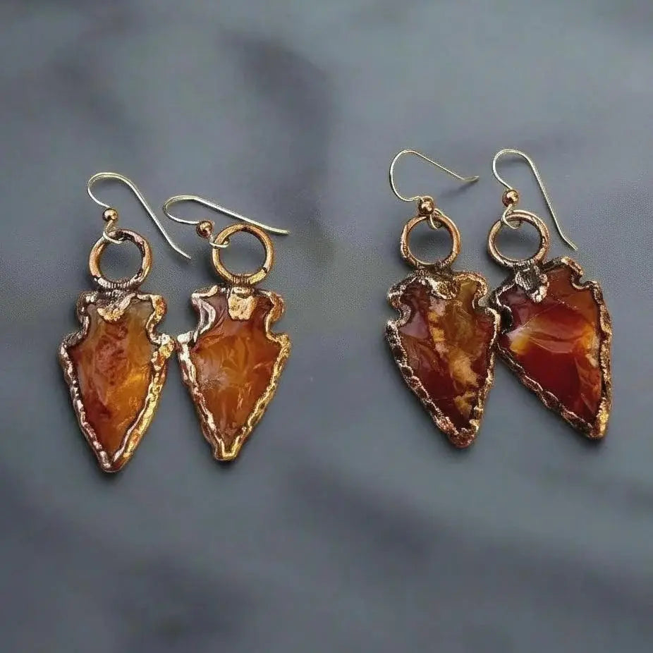 Handmade Carnelian Arrowhead Earrings: Electroformed Copper Boho Jewelry - BlackbirdSageStudio
