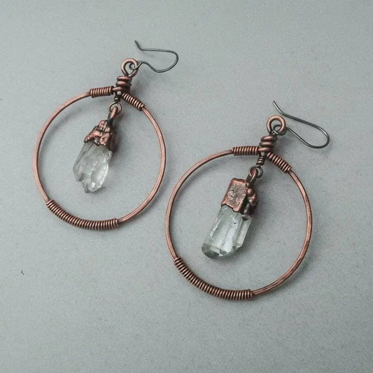 Electroformed Copper Quartz Point Hoop Earrings: Handmade Boho Jewelry - BlackbirdSageStudio