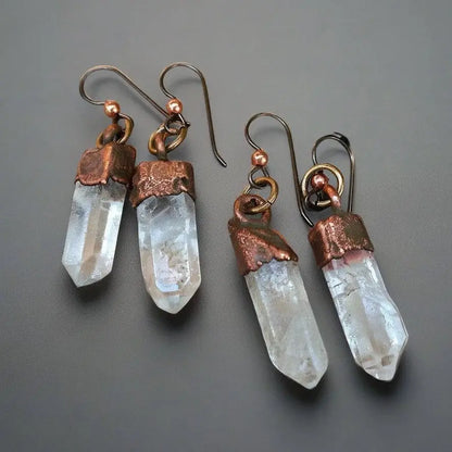 Raw Quartz Crystal Earrings: Electroformed Copper Boho Dangles - BlackbirdSageStudio