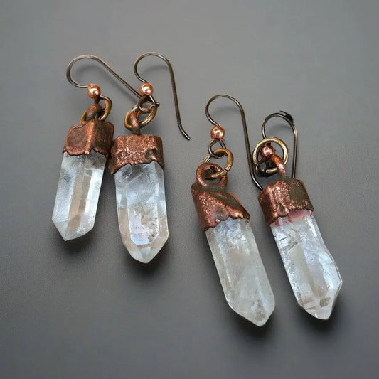 Raw Quartz Crystal Earrings: Electroformed Copper Boho Dangles - BlackbirdSageStudio