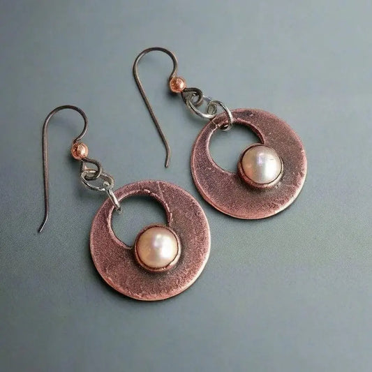 Electroformed Copper Pearl Drop Earrings: Hypoallergenic Niobium Wires - BlackbirdSageStudio