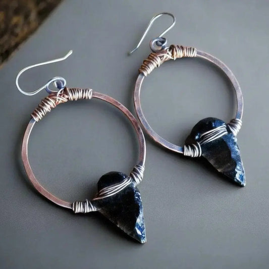 Handcrafted Black Obsidian Arrowhead Earrings: Copper Boho Hoops - BlackbirdSageStudio