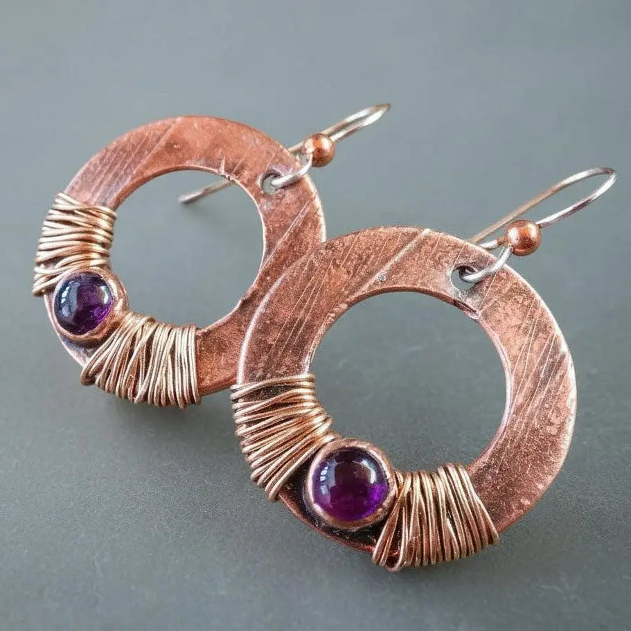 Amethyst copper earrings handmade in Santa Fe - front view | Blackbird & Sage