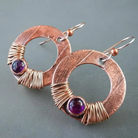 Amethyst copper earrings handmade in Santa Fe - front view | Blackbird & Sage