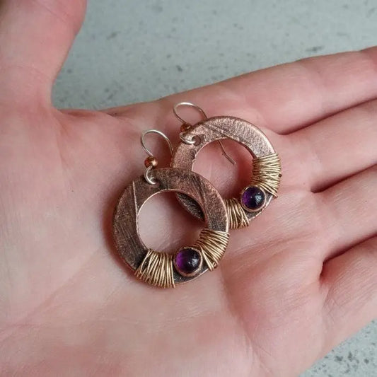 Purple amethyst crystal drop earrings with electroformed copper detail | Blackbird & Sage