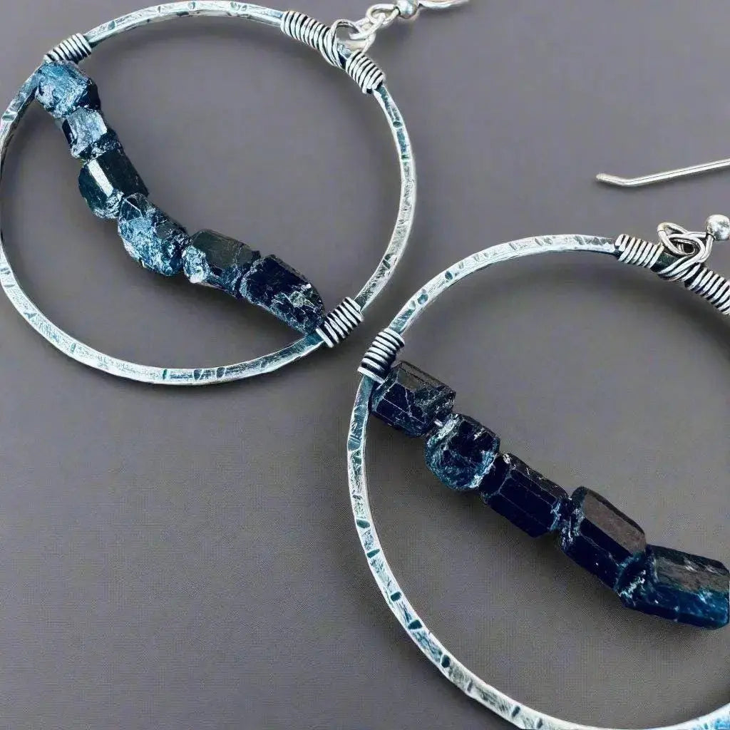 Handmade Sterling Silver Black Tourmaline Hoop Earrings: Boho Chic - BlackbirdSageStudio