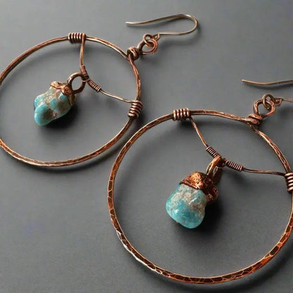 Hand Hammered Copper Hoop Earrings: Raw Turquoise Bohemian Jewelry - BlackbirdSageStudio