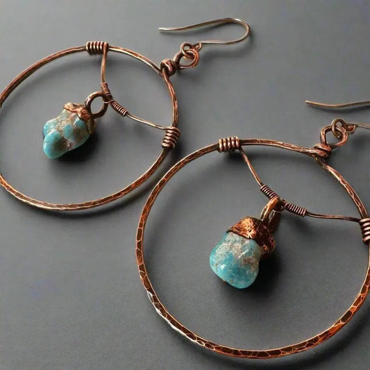 Hand Hammered Copper Hoop Earrings: Raw Turquoise Bohemian Jewelry - BlackbirdSageStudio