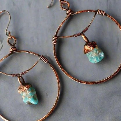 Hand Hammered Copper Hoop Earrings: Raw Turquoise Bohemian Jewelry - BlackbirdSageStudio