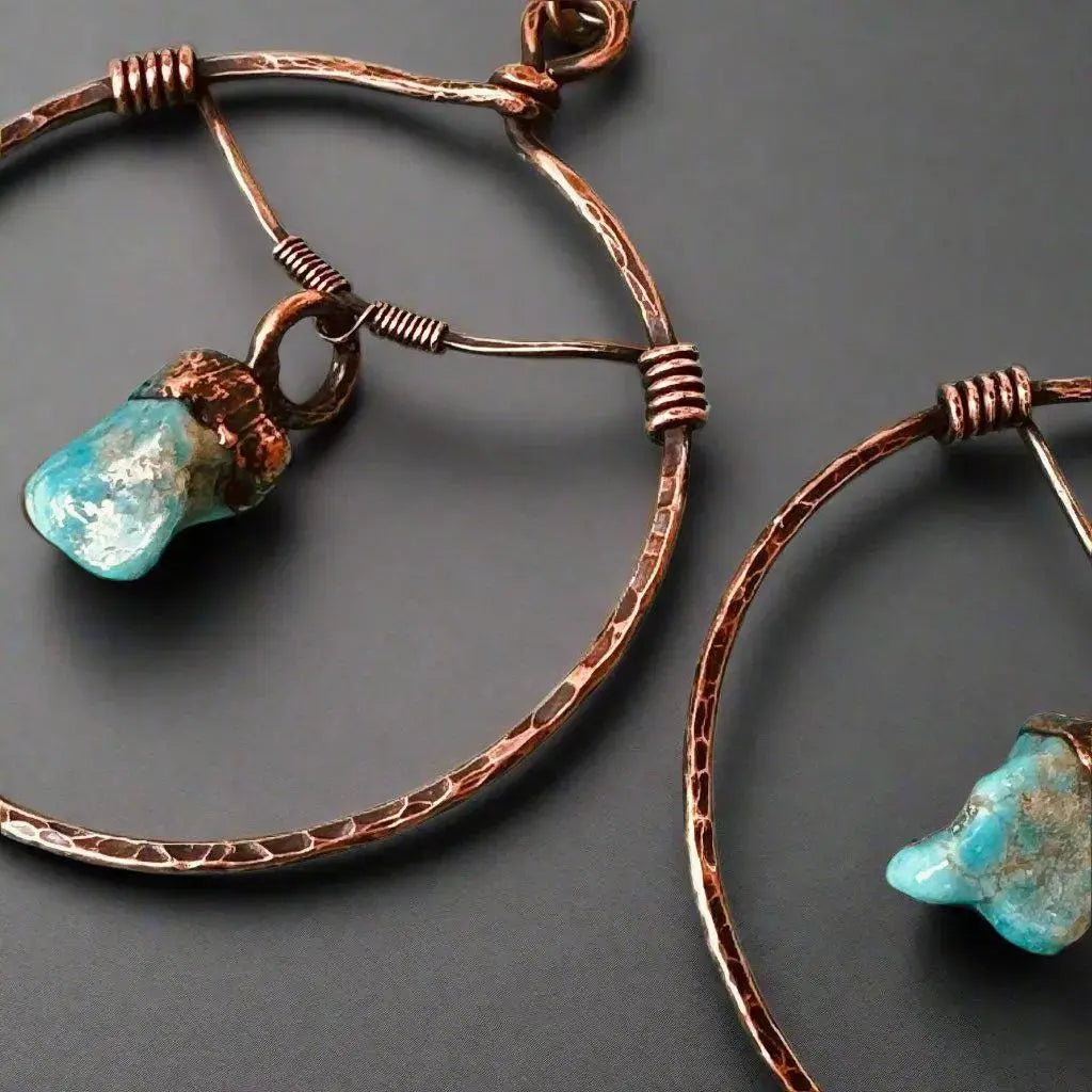 Hand Hammered Copper Hoop Earrings: Raw Turquoise Bohemian Jewelry - BlackbirdSageStudio