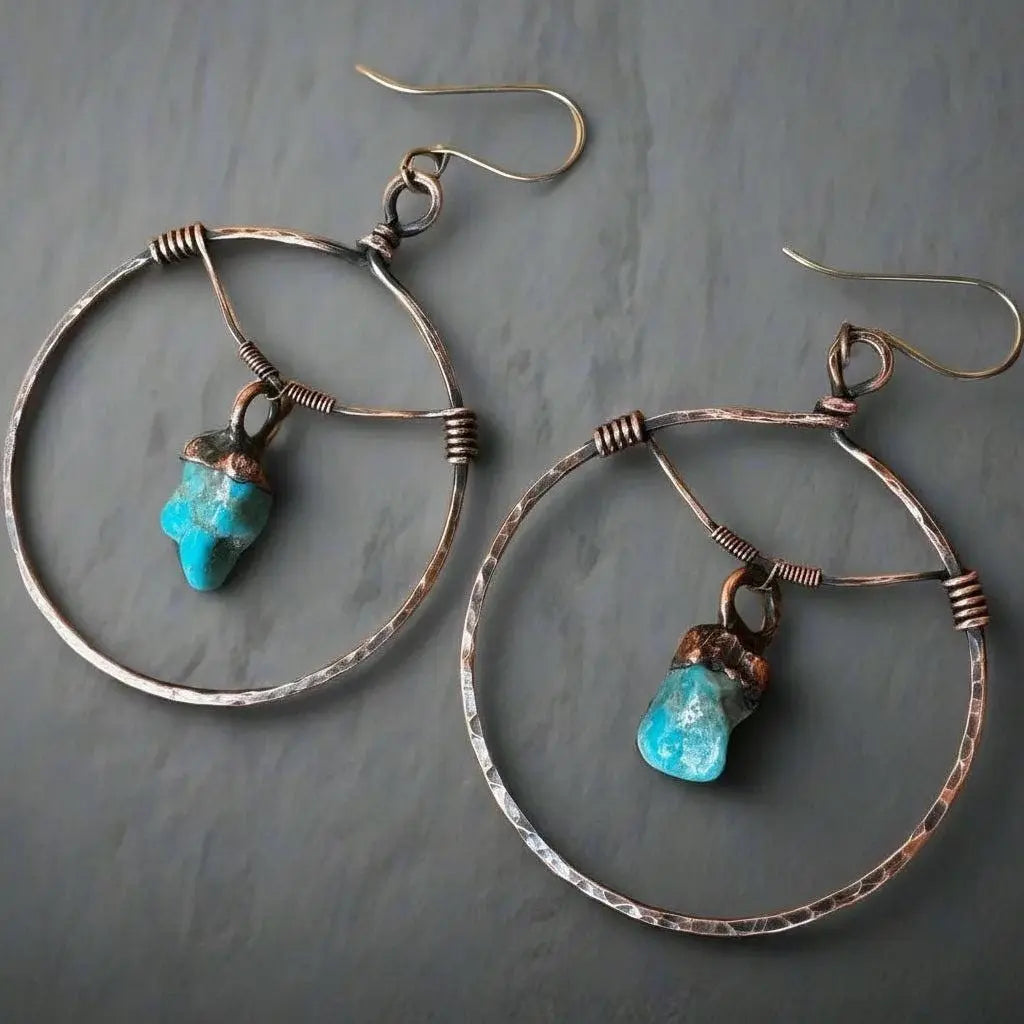 Raw Turquoise Hoop Earrings: Electroformed Copper, Bohemian Jewelry - BlackbirdSageStudio