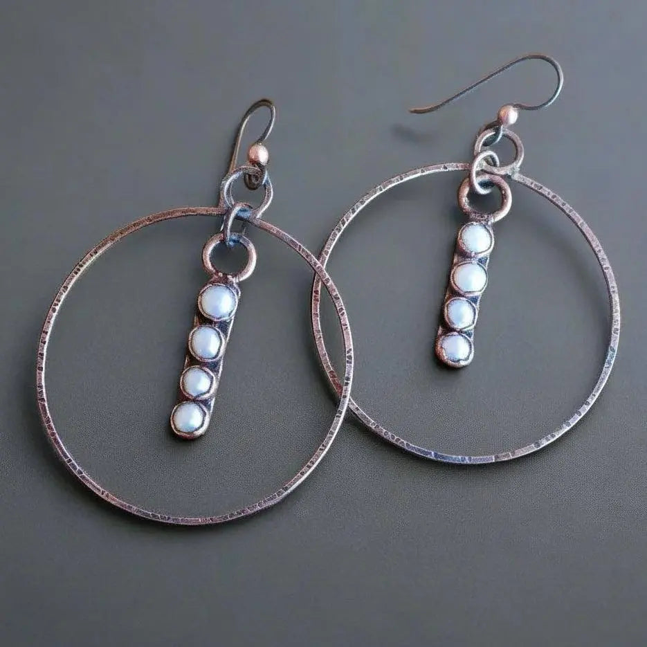 Electroformed Copper Pearl Hoop Earrings: Hand Hammered Bronze, Bohemian Jewelry - BlackbirdSageStudio
