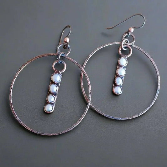 Electroformed Copper Pearl Hoop Earrings: Hand Hammered Bronze, Bohemian Jewelry - BlackbirdSageStudio