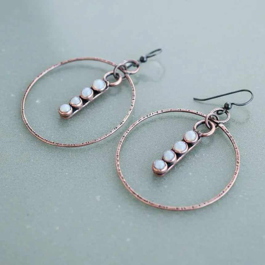 Electroformed Copper Pearl Hoop Earrings: Hand Hammered Bronze, Bohemian Jewelry - BlackbirdSageStudio