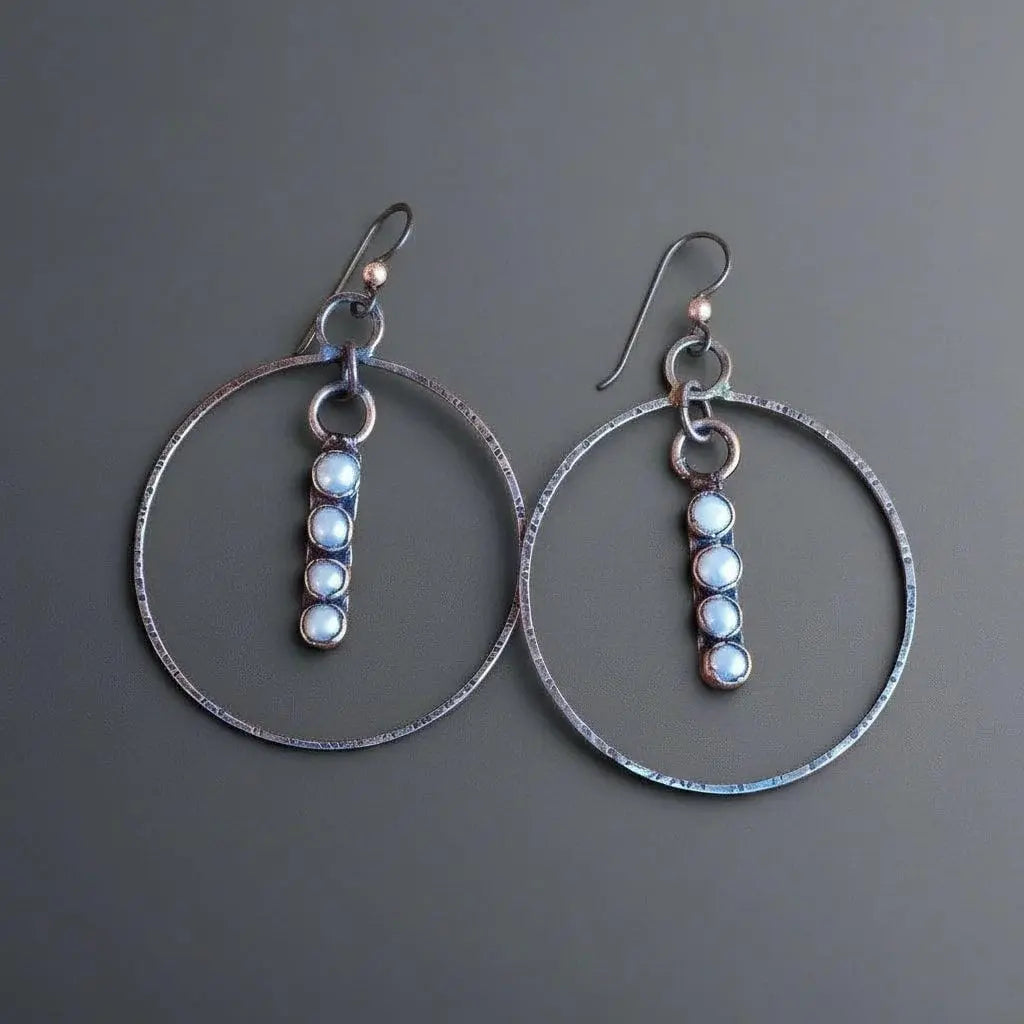 Electroformed Copper Pearl Hoop Earrings: Hand Hammered Bronze, Bohemian Jewelry - BlackbirdSageStudio
