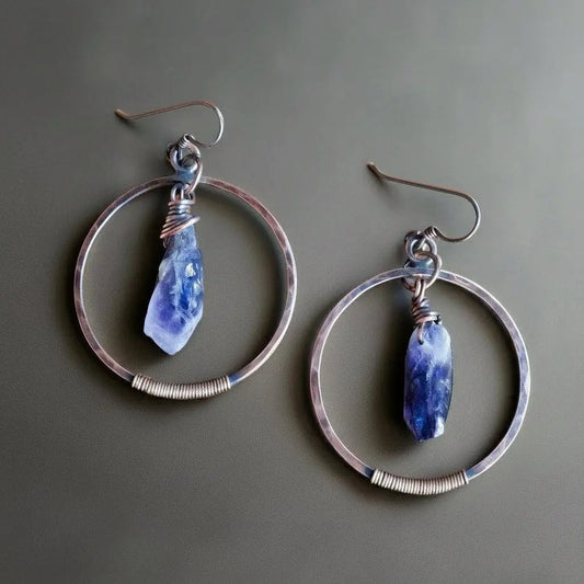 Raw Amethyst Copper Hoop Earrings: Bohemian Crystal Jewelry - BlackbirdSageStudio