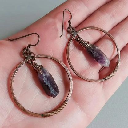 Raw Amethyst Copper Hoop Earrings: Bohemian Crystal Jewelry - BlackbirdSageStudio