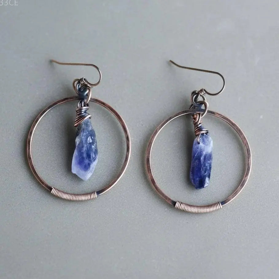 Raw Amethyst Copper Hoop Earrings: Bohemian Crystal Jewelry - BlackbirdSageStudio