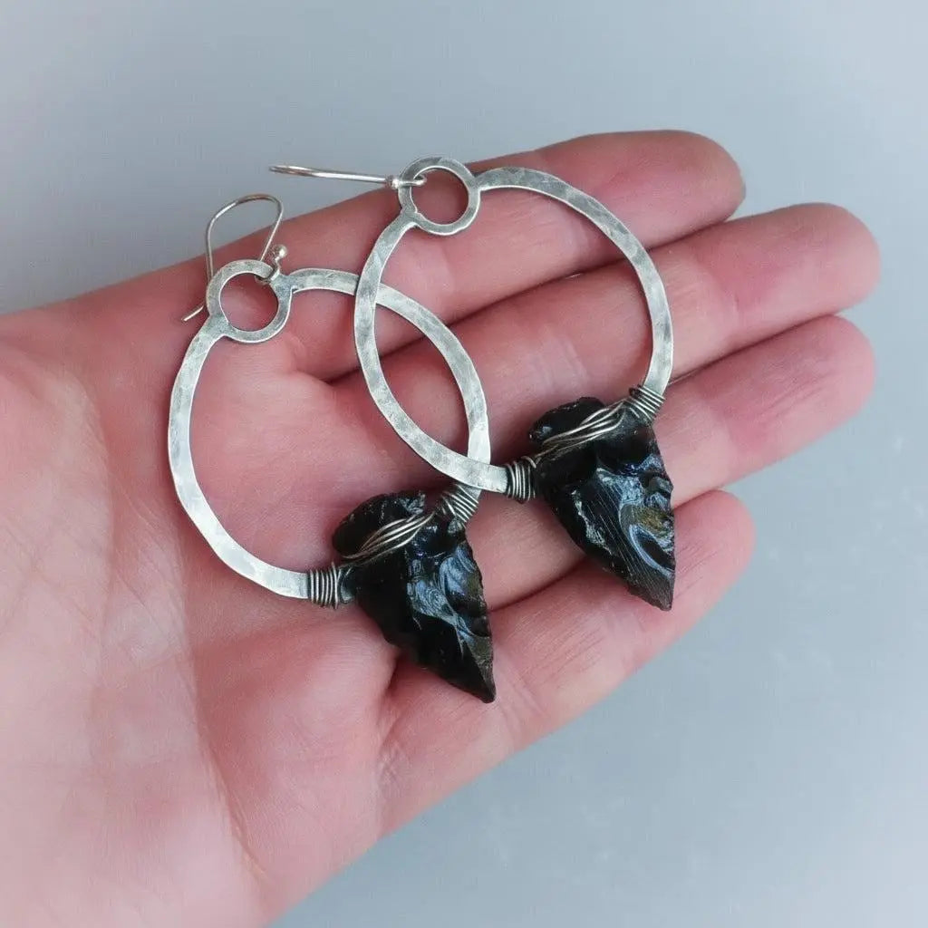 Black Obsidian Arrowhead Earrings: Sterling Silver Boho Hoops - BlackbirdSageStudio
