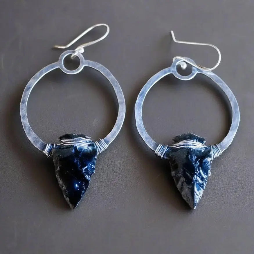 Black Obsidian Arrowhead Earrings: Sterling Silver Boho Hoops - BlackbirdSageStudio