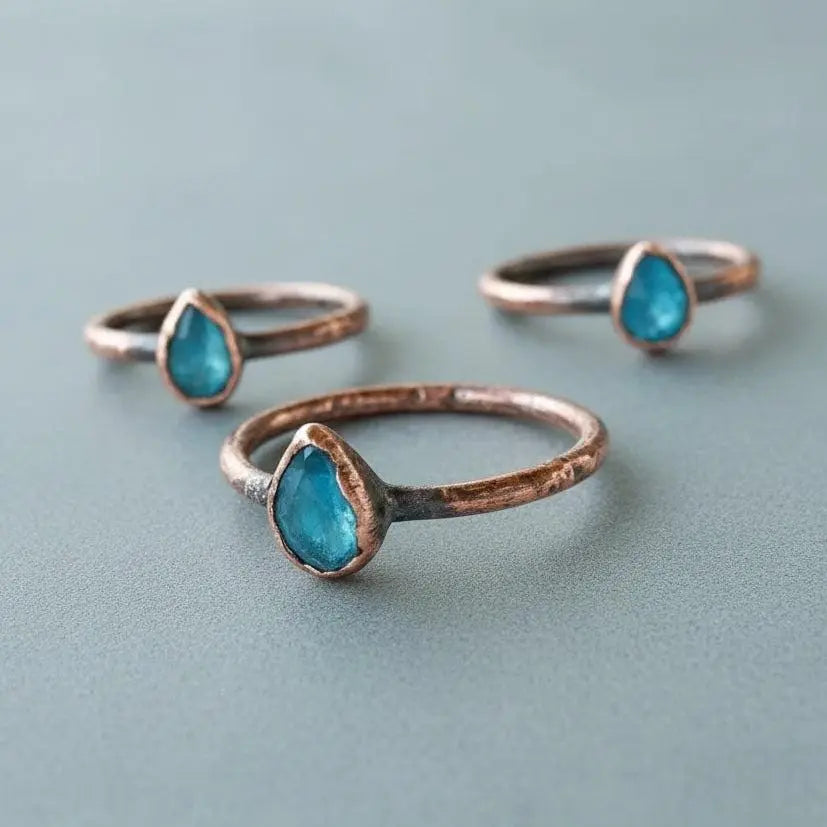 London Blue Topaz Copper Ring – Handmade Electroformed Stacking Crystal Ring with Healing Stone - BlackbirdSageStudio