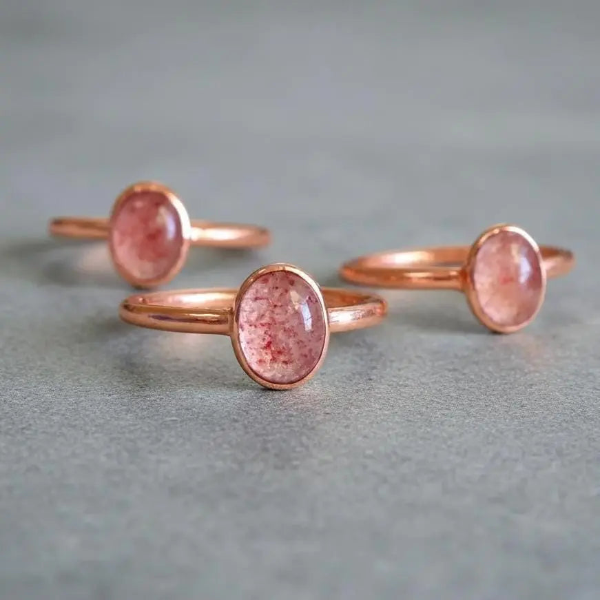 Electroformed Copper Strawberry Quartz Ring: Handmade Boho Jewelry - BlackbirdSageStudio