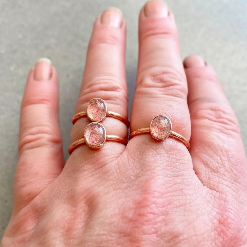 Electroformed Copper Strawberry Quartz Ring: Handmade Boho Jewelry - BlackbirdSageStudio