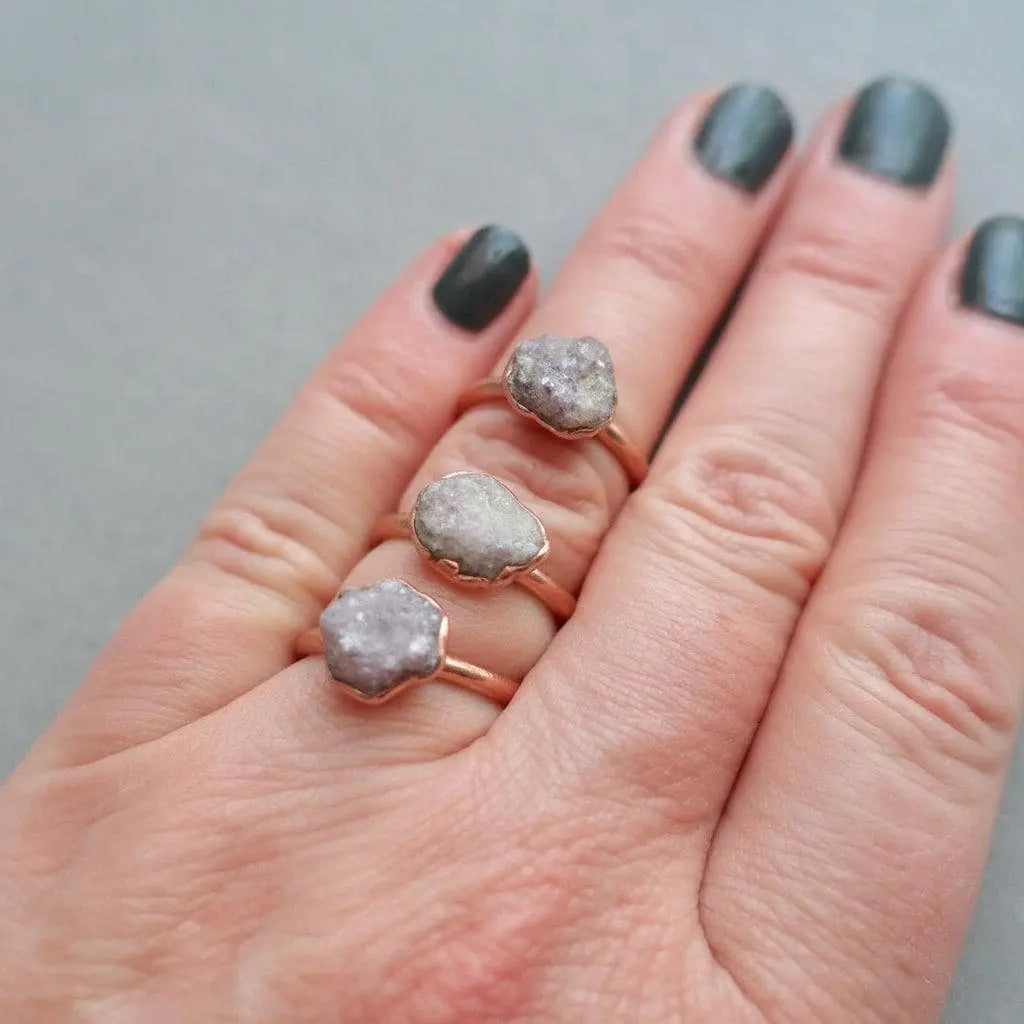 Electroformed Lepidolite Crystal Ring: Raw Stone Copper Boho Jewelry - BlackbirdSageStudio