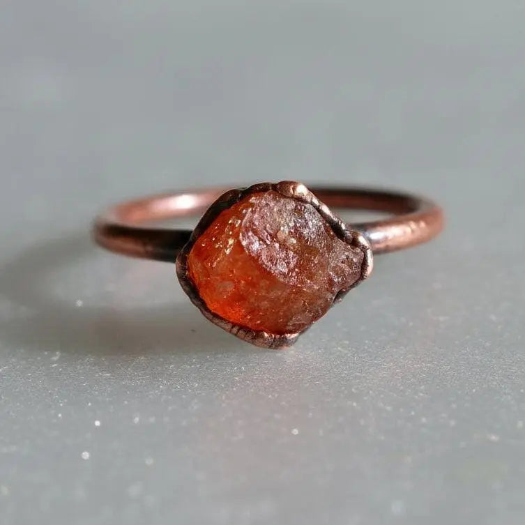 Raw Sunstone Ring: Electroformed Copper Band, Unique Crystal Jewelry - BlackbirdSageStudio