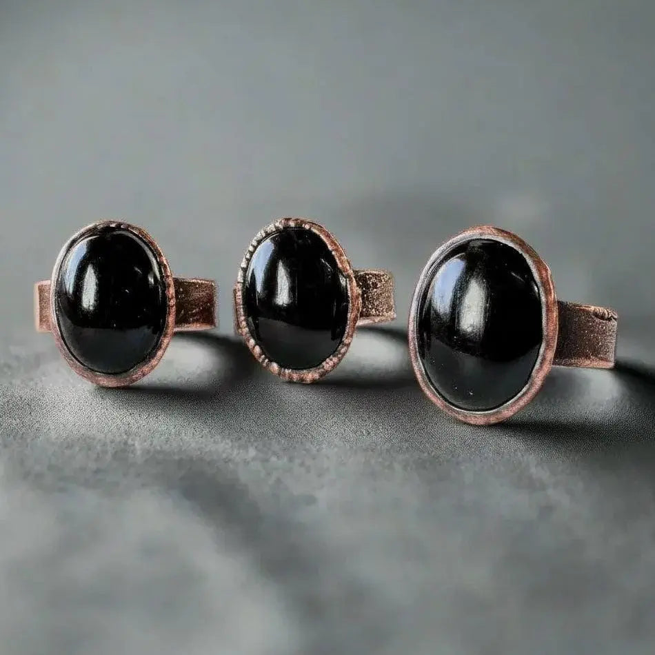 Onyx Statement Ring Handmade Copper Electroformed Boho Jewelry Witchy Black Stone Crystal Gift - BlackbirdSageStudio